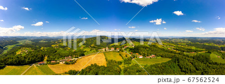 Aerial panorama of of green hills and vineyards 67562524