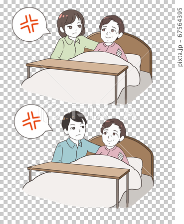 ベッドで老齢女性を介護する　内心怒る家族 67564395