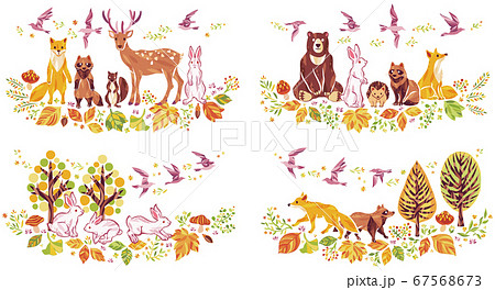 秋の紅葉や落ち葉や動物のイラストセットのイラスト素材 67568673 Pixta