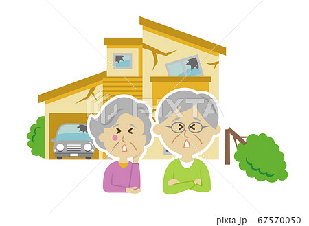 自然災害にあったシニア夫婦と住宅のイラストイメージのイラスト素材