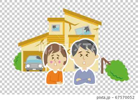 自然災害にあった若い夫婦と住宅のイラストイメージのイラスト素材