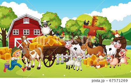 Farm in nature scene with horse drawn vehical and 67571269