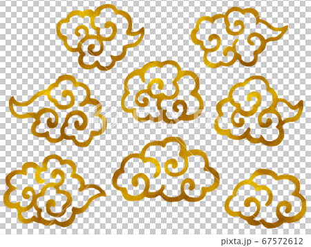 金の雲の水彩風線画イラストセット 67572612