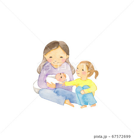 赤ちゃんを抱っこする母親と寄り添うお姉ちゃんのイラスト素材