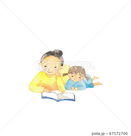 寝転がって本を読む母親と娘のイラスト素材