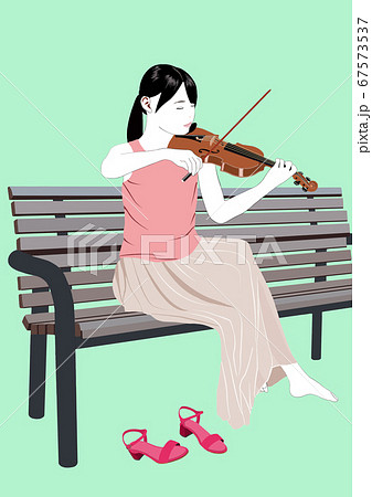 公園のベンチで一人バイオリンを弾く女性のイラスト素材