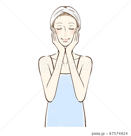 両手で頬を包み込む正面向きの女性 目を閉じるのイラスト素材