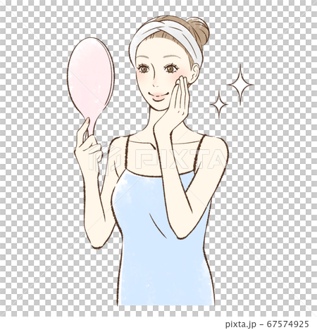 A woman looking at a hand mirror with a smile 67574925