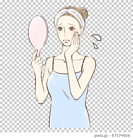 一個女人看著焦慮的手鏡 一個女人看著焦慮的手鏡 67574926