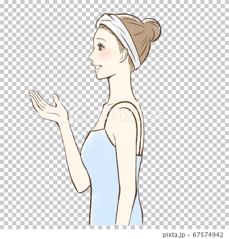 Side profile of a woman smiling and holding out her hand 67574942