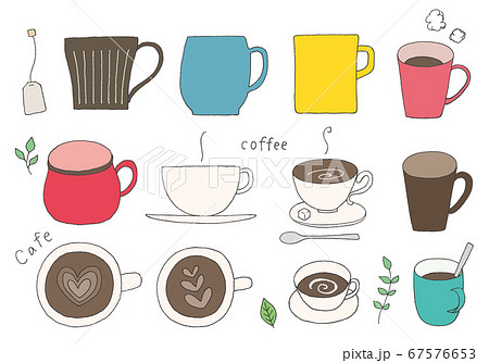 いろんなマグカップ コーヒーカップの手描きイラスト カラー のイラスト素材
