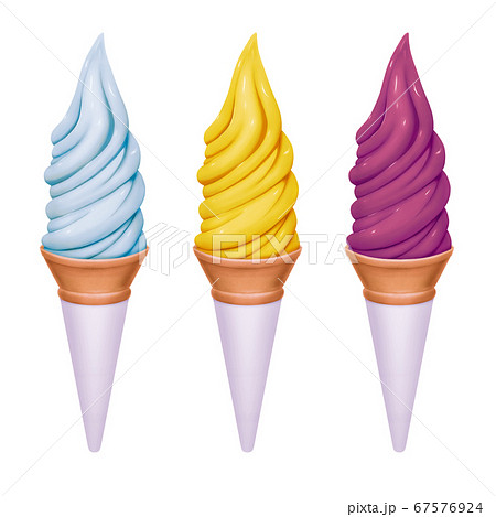 夏の風物詩ソフトクリームアイスセット コーンカップ2 ラムネ レモン グレープ 紙あり のイラスト素材