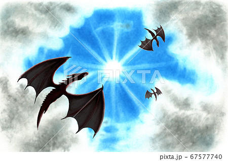 青空の中で飛ぶドラゴンの群れのイラスト素材
