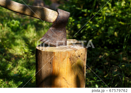Ax stuck in the stump. Ax stuck in the stump. 67579762