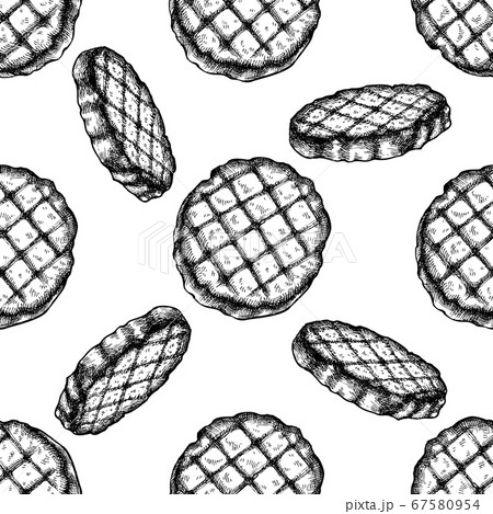 Seamless pattern with black and white grilled burger patties 67580954