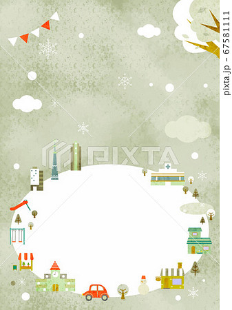 冬の都市風景 フレーム風背景イラスト 縦長のイラスト素材