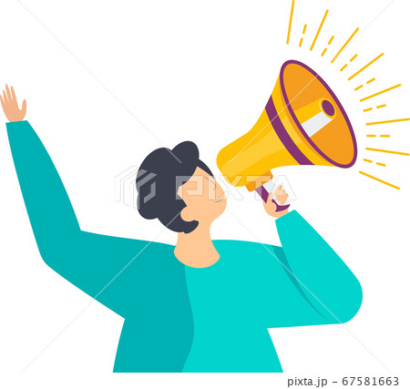 Man with a megaphone climbs out of a computer screen. 67581663