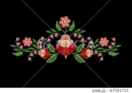 Embroidered border of red with pink flowers and berries with leaves on black background 67581725