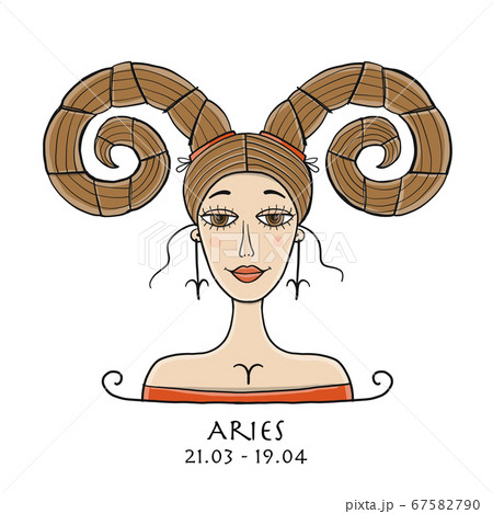 Illustration of Aries zodiac sign. Element of Fire. Beautiful Girl Portrait. One of 12 Women in Collection For Your Design of Astrology Calendar, Horoscope, Print. 67582790
