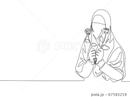 Single continuous line drawing of young happy saudi arabian muslimah wearing burqa while holding rose flower 67583259