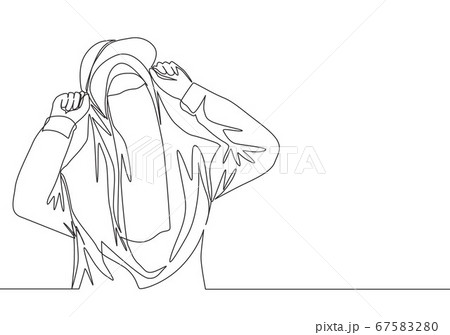 One continuous line drawing of young cute beauty middle east muslimah wearing burqa with trendy hat 67583280
