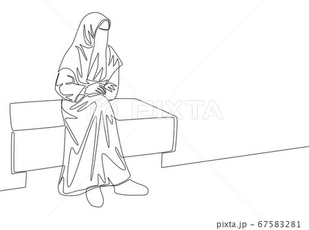 Single continuous line drawing of young attractive middle east muslimah wearing burqa siting on chair 67583281