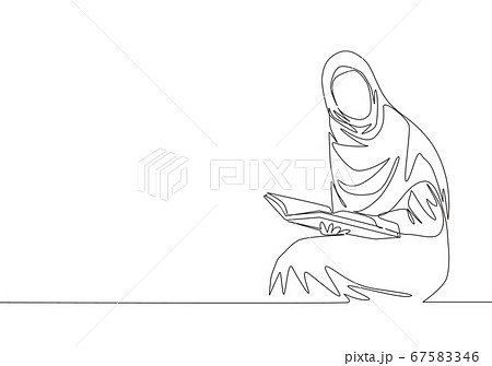 One single line drawing of young attractive muslimah with headscarf reading book at library One single line drawing of young attractive muslimah with headscarf reading book at library 67583346
