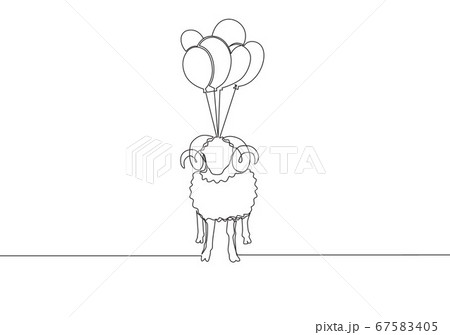One single line drawing of sheep fly to the sky with balloons. 67583405