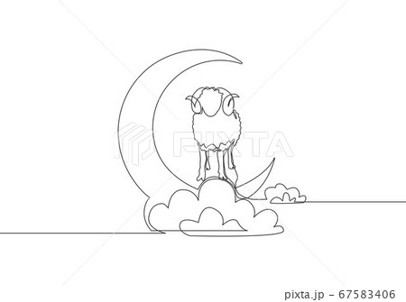 One continuous line drawing of sheep standing on moon at cloudy sky One continuous line drawing of sheep standing on moon at cloudy sky 67583406