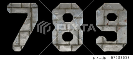 Set of numbers 7, 8, 9 made of industrial metal on black background 3d Set of numbers 7, 8, 9 made of industrial metal on black background 3d 67583653