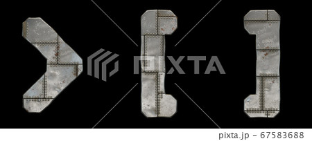 Set of symbols right angle bracket, left and right square bracket made of industrial metal on black background 3d 67583688