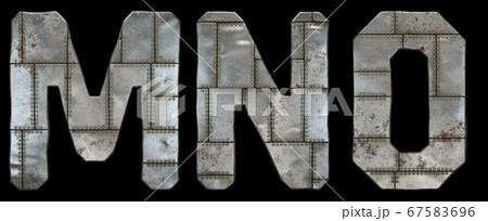 Set of capital letters M, N, O made of industrial metal isolated on black background. 3d 67583696