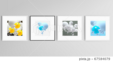 Realistic vector set of square picture frames isolated on gray background. Abstract composition with 3d balls or spheres. 67584079