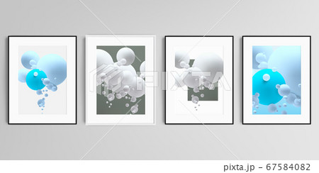 Realistic vector set of picture frames in A4 format isolated on gray background. Abstract composition with 3d balls or spheres. 67584082