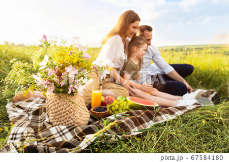 Happy family together on a picnic with computer 67584180
