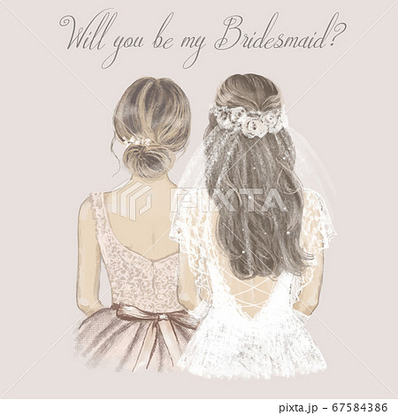 Bride and bridesmaid side by side, wedding invitation. Hand drawn illustration in vintage style Bride and bridesmaid side by side, wedding invitation. Hand drawn illustration in vintage style 67584386