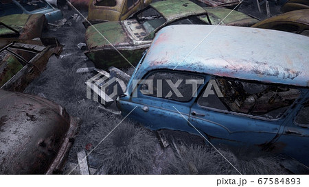 Car dump of old abandoned cars. Rusty damaged cars. A lot of destroyed, ruined, abandoned cars. 3D Rendering Car dump of old abandoned cars. Rusty damaged cars. A lot of destroyed, ruined, abandoned cars. 3D Rendering 67584893