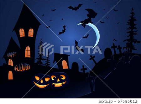 Halloween pumpkins and dark castle on blue Moon...のイラスト素材 [67585012 ...