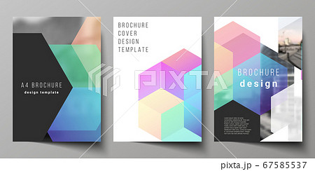 Vector layout of A4 format cover mockups design templates with colorful hexagons, geometric shapes, tech background for brochure, flyer layout, booklet, cover design, book design, brochure cover. Vector layout of A4 format cover mockups design templates with colorful hexagons, geometric shapes, tech background for brochure, flyer layout, booklet, cover design, book design, brochure cover. 67585537