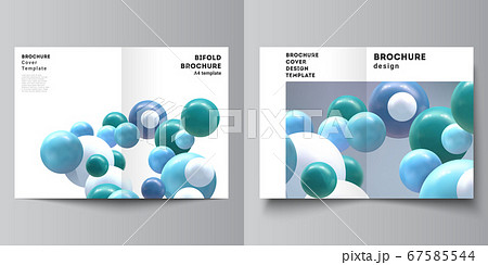 Vector layout of two A4 cover mockups template for bifold brochure, flyer, magazine, cover design, book design, brochure cover. Realistic vector background with multicolored 3d spheres, bubbles, balls 67585544