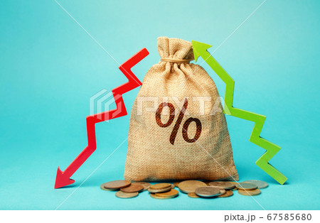 Money bag with percent and up or down arrow. Mortgage and loan rates. Interest rate, stocks, ranking. Business and finance concept. Money bag with percent and up or down arrow. Mortgage and loan rates. Interest rate, stocks, ranking. Business and finance concept. 67585680