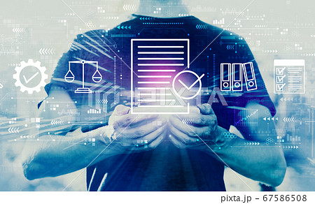 Compliance concept with man holding smartphone Compliance concept with man holding smartphone 67586508