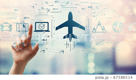 Flight ticket booking concept with hand pressing a button Flight ticket booking concept with hand pressing a button 67586514