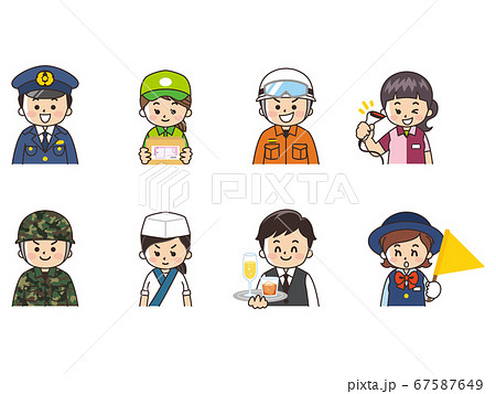 職業いろいろ　警察官　宅配便　レスキュー隊員　コンビニ店員　陸上自衛官　板前　ウェイター　バスガイド 67587649