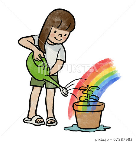 植物に水やりをしたら虹が出て喜ぶ女の子のイラスト素材