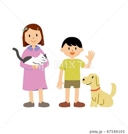 女の子と猫 男の子と犬 イラストのイラスト素材