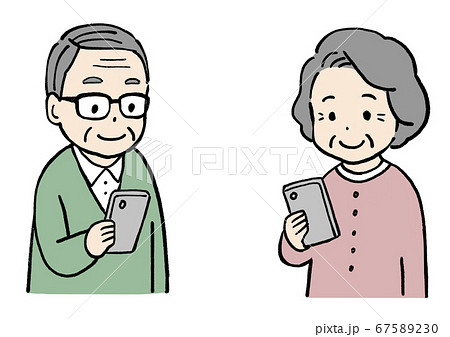 スマホを見てにっこり笑うシニアのイラストのイラスト素材