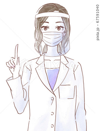 白衣を着てフェイスシールドとマスクを付けて指差しポーズの女性のイラスト素材