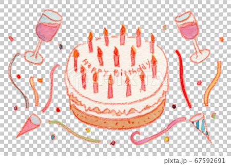 手描き水彩画のバースデーケーキとクラッカー ワイングラスのイラストのイラスト素材