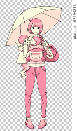 雨の日にイヤイヤ期の子供と抱っこ紐の赤ちゃんを連れながら、傘を差して通園する親子（母親・ピンク色） 67594218